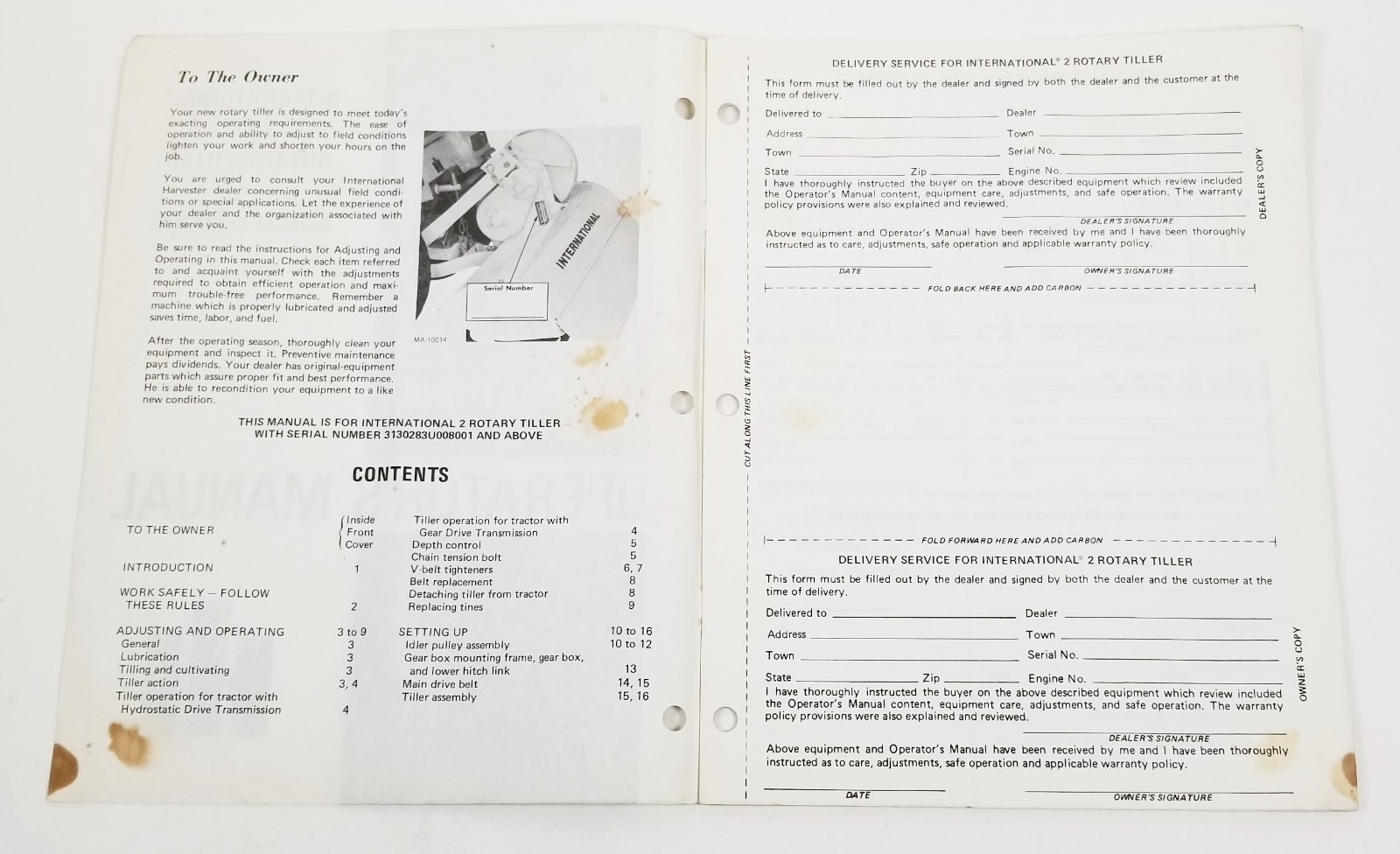 IH International 2 Rotary Tiller Operator's Manual Setting up Instructions
