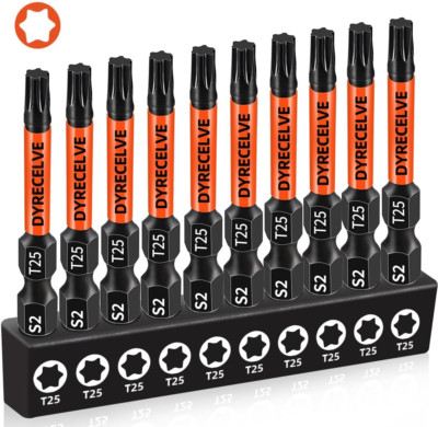 10-Pack T25 Torx Bits for Impact Driver - 2'' Magnetic T25 Star Bits, S2 Alloy 