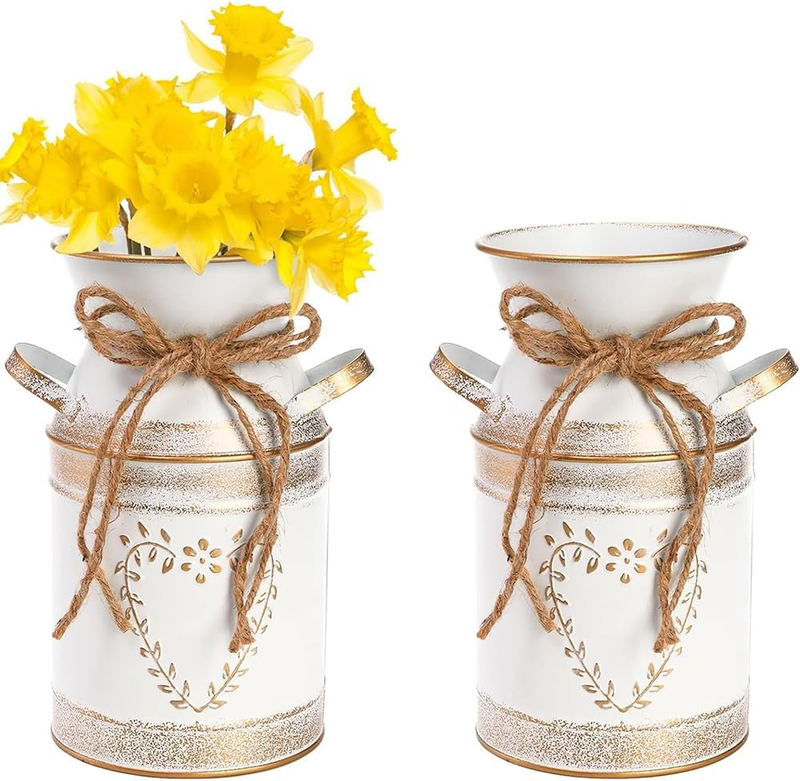 2 Pack Metal Milk Can Rustic Galvanized Vase,Vintage Heart-Shaped Flower Arrange
