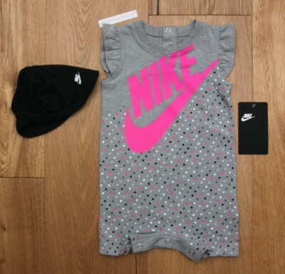 Nike Baby Girl Romper & Hat Set ~ Gray, Black, Neon Pink & White ~