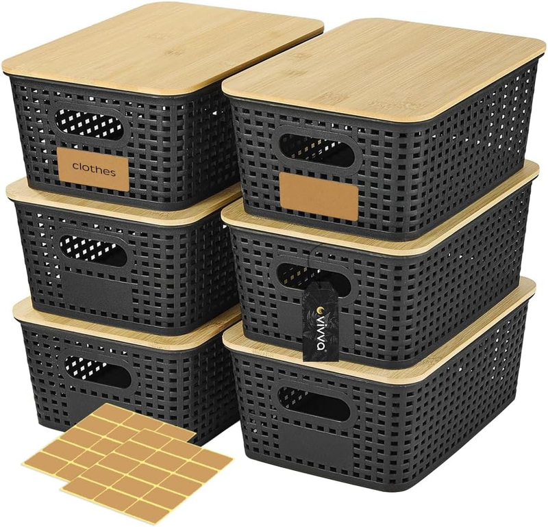 6 Pack Plastic Storage Baskets with 30Pcs Labels Bamboo Lid Containers Stackable