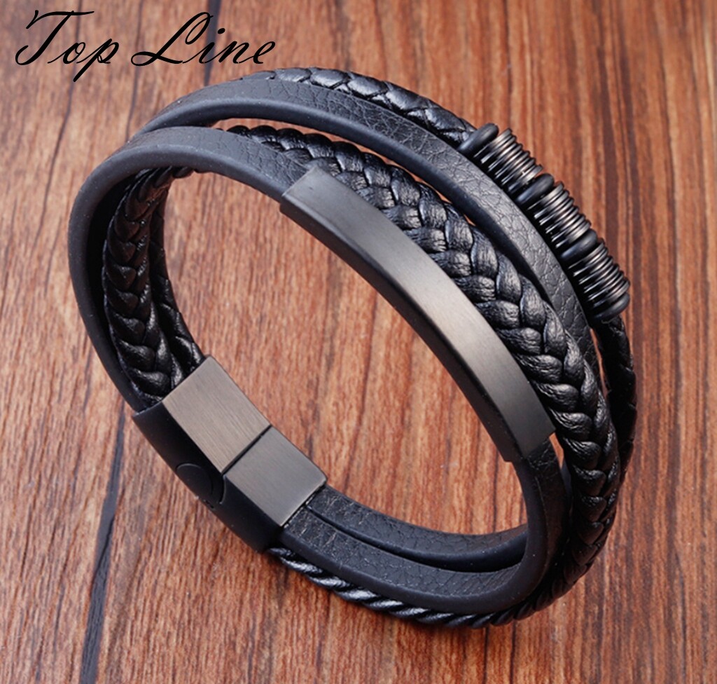 Men Boy Black Braided Triple Band Genuine Leather Bracelet Men Boy Black Braided Triple Band Genuine Leather Bracelet