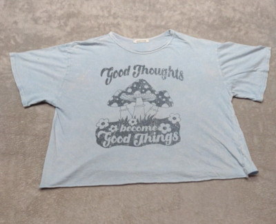 Caution to the Wind Magic Mushrooms Women Crop Top Large Blue Hippie Boho
