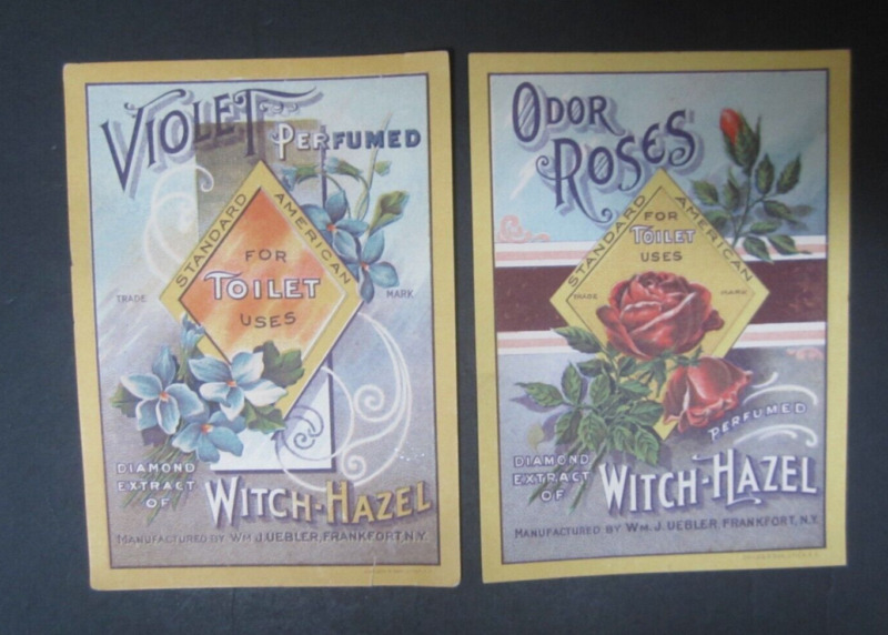 2 Old Vintage Witch Hazel / Toilet Water Labels - Violet - Rose - Frankfort N.Y.