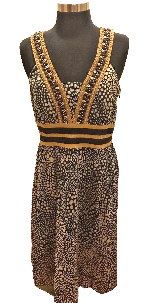 Kenar Cotton Dress Beaded Boho Babydoll Sleeveless V-Back High End Vtg Sz 8 EVC