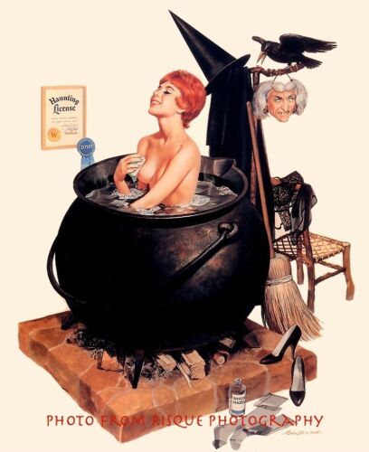 Lovely Redheaded Witch Taking Bath in a Cauldron 8.5x11" Photo Print Pinup Art