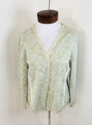 ETCETERA Womens XL Lt Green Gold Silk Cashmere Blend Button Up Lace Trim Sweater