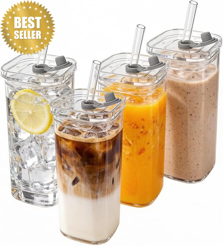 Glass Cup with Straw, Iced Coffee Tumbler with Lid Set of 4 Square Transparent R