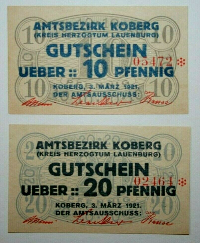 1921 Germany Koberg - Lauenburg  10 & 20 Pfennig Notgeld Notes