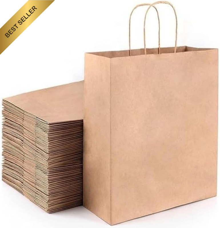 Natural Paper Gift Bags with Handles, 50 Pcs, 21X27X14Cm | Kraft Paper, for Gift