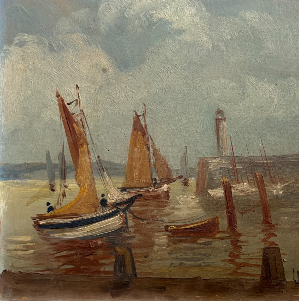 Seaview, Boats, Port, Lighthouse - Painting Antique Original Signed