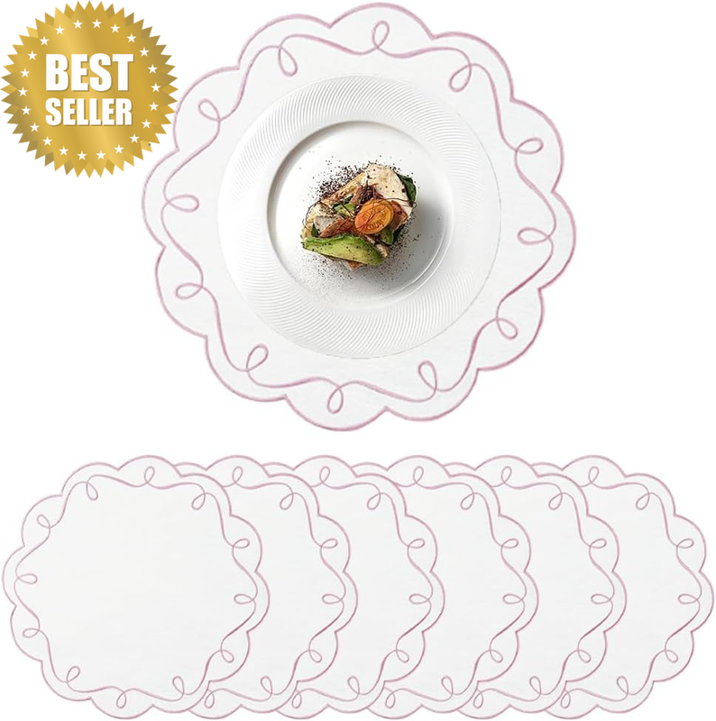 Embroidery round Placemats Set of 6, Pink Lace Heat Insulation Pad, Cotton and L