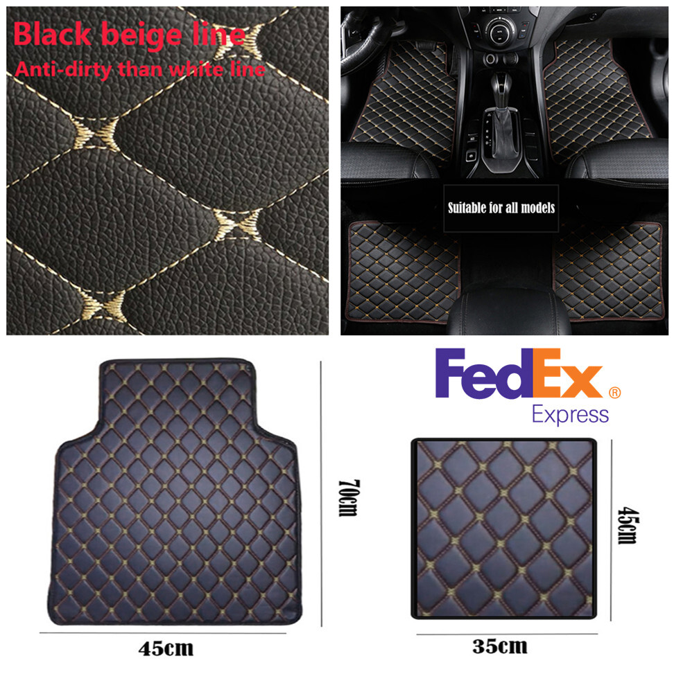 4Pcs Black PU Leather Universal Car Floor Mats Carpets Auto Interior