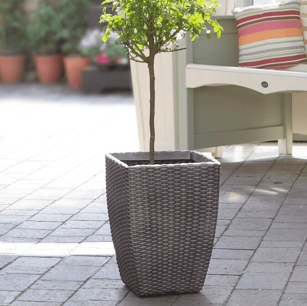 Set of 2 Large 42cm Tall Rattan Square Planter Plastic Plant Pot in