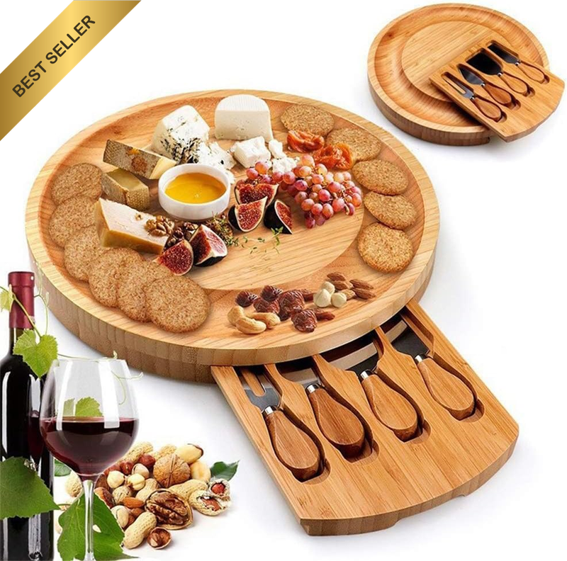 Bamboo Cheese Cutting Board Set, Cutting Board Set with Cutlery, Wooden round Bo