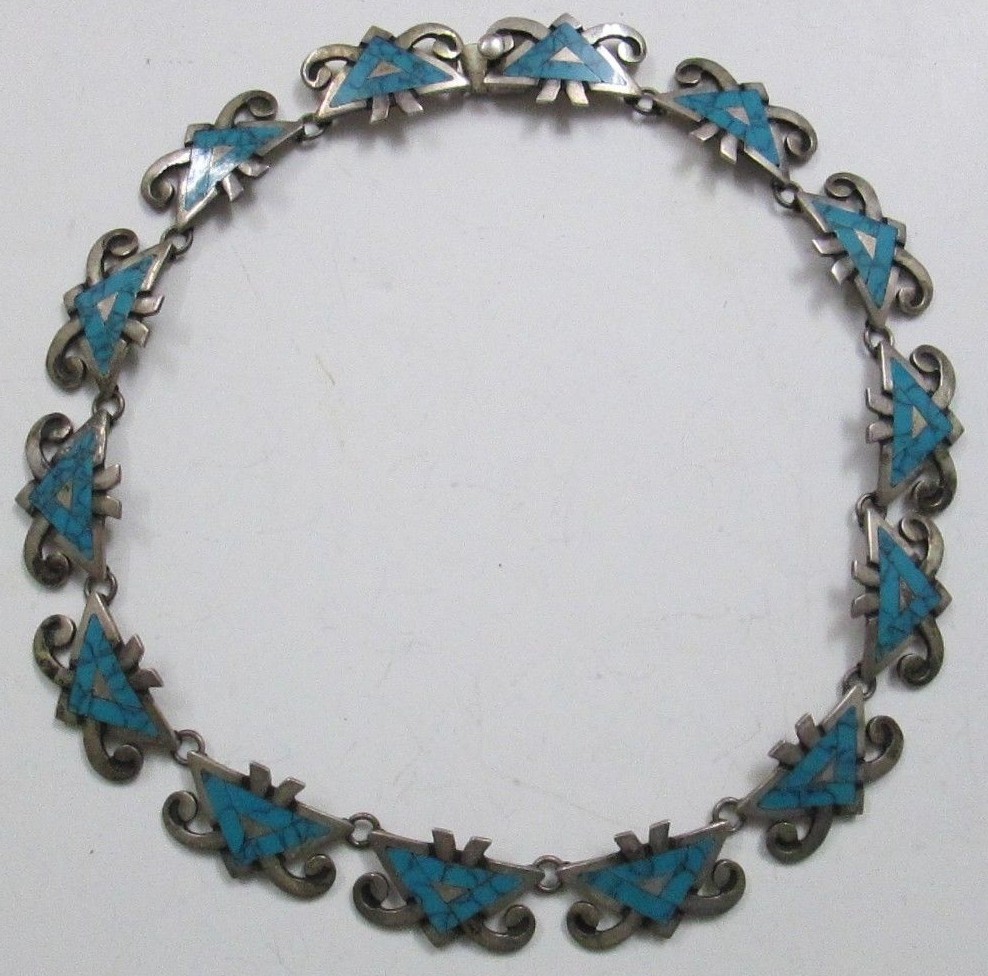 MIGUEL TAXCO MEXICO STERLING SILVER TURQUOISE INLAY NECKLACE BRACELET SET