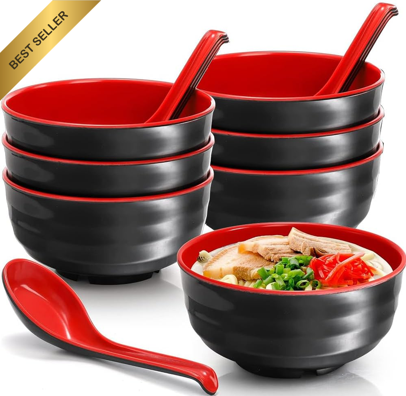 6 Pack Melamine Noodle Soup Bowls, Japanese Ramen Bowl Set, Holding a Spoon, Red