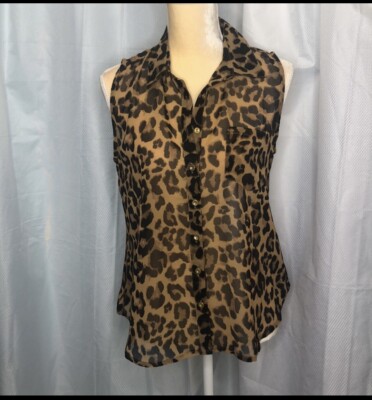 Mine Sheer Sleeveless Leopard Button Down Blouse Top Size Medium Brown Black