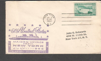1952 cachet cover passenger ship SS United States maiden voyage NY to Le Havre