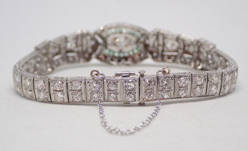 Art Deco Filigree Platinum 4ctw Old European Diamond & Emerald Bracelet 6 3/4
