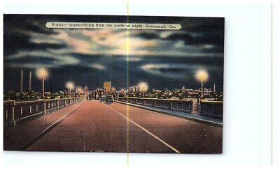Savannah GA - Georgia - Viaduct from North at Night - Postcard