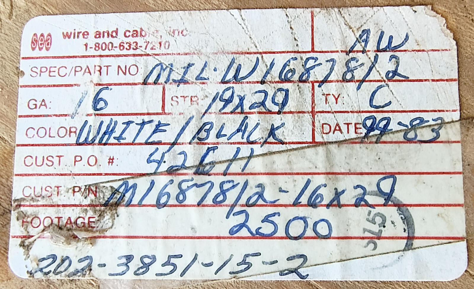 Wire,Wht/Blk,Mil Spec,16 AWG,Copper,Stranded(19x29),Tin Plated,PVC,M16878/2, 20'