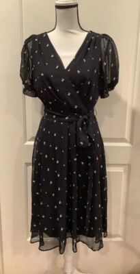 DKNY short sleeve faux wrap fit & flare Dress navy cream 10 $139