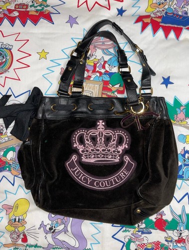 バッグ Juicy Couture Daydreamer Tote Bag y2k Vtg Juicy Couture Y2K Daydreamer crown Black velour bag Pink