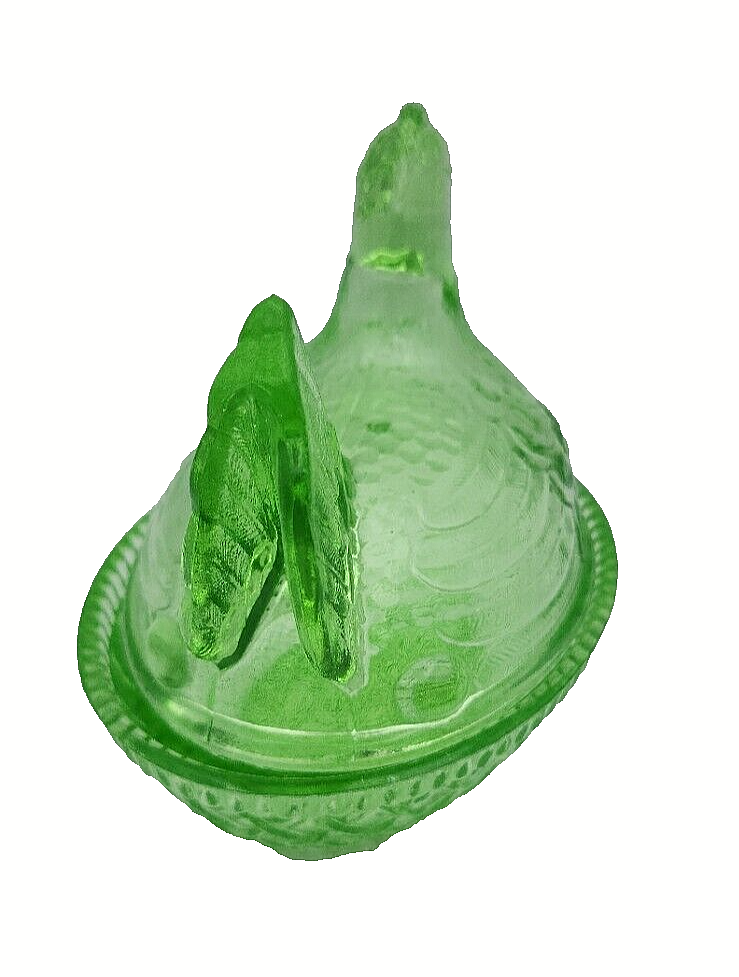 Wilkerson Art Deco Trinket Key Lime Hen Chicken Glow Glass On Basket 3.25" Wide