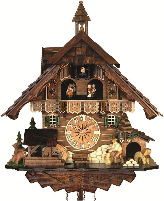Quartz Cuckoo Clock Black Forest House with Moving Wood Chopper and Mill Wheel,