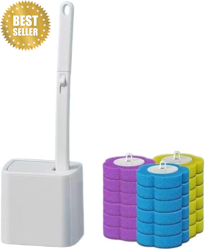 Disposable Toilet Brush and Holder Set with 24 Refills - Extended Handle Wall Mo