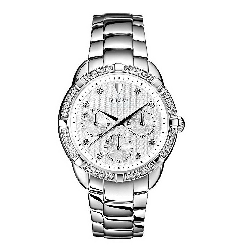 Pre-owned Bulova 96r195 Day/date 24 Diamonds Silver Tone Ladies Watch Great Gift $499