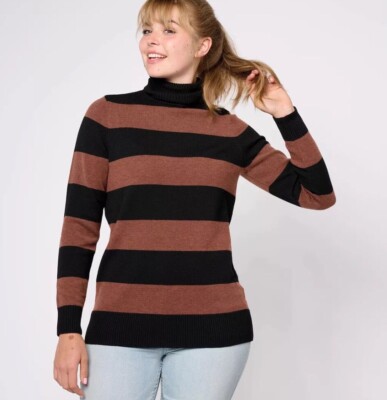 Studio Park x Leah Williams Rugby Stripe Turtleneck Sweater Coffee Large A619278