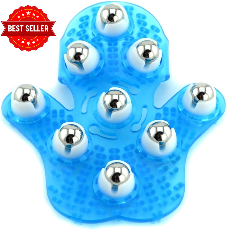 (Blue) - JIAHAO Palm Shaped Massage Glove Body Massager with 9 360-Degree-Roller