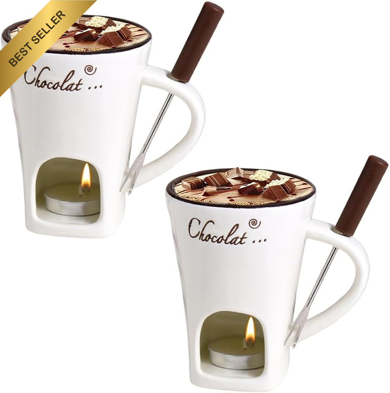 Chocolate Fondue Mug with Candle and Forks, Ceramic Chocolate Fondue Mugs, 2Pcs,
