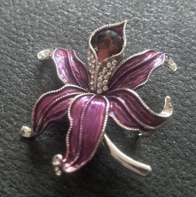 Glamorousky Purple Flower Brooch With Silver Austrian Element Crystal and Purple