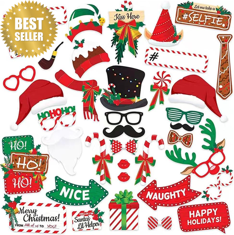 47 Pcs Christmas Photo Booth Props Kit, DIY Photo Booth Accessories with Sign fo