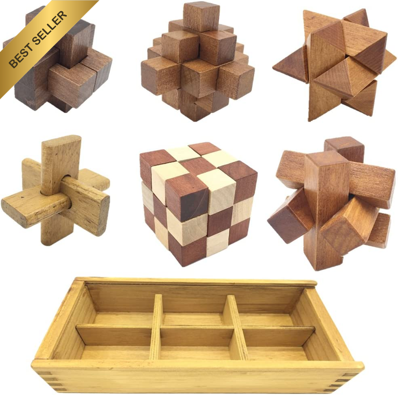 6-In-One 3D Luxury Wooden Brain Puzzle Teaser Kongming Lock for Teens and Adults