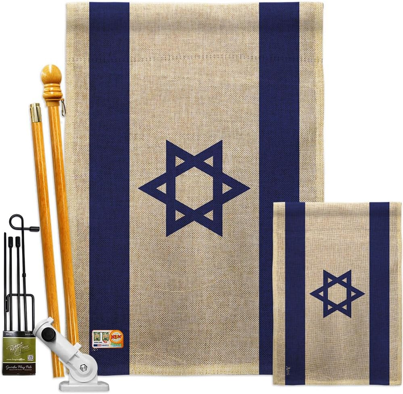 Israel Flag Bandera De Israeli Burlap Banner Bracket Set Flag Wooden Pole for outside House Wood Stand Outdoor Garden Wall Tapestry Grandma Gifts Home Decor Jewish Decorations Made in USA