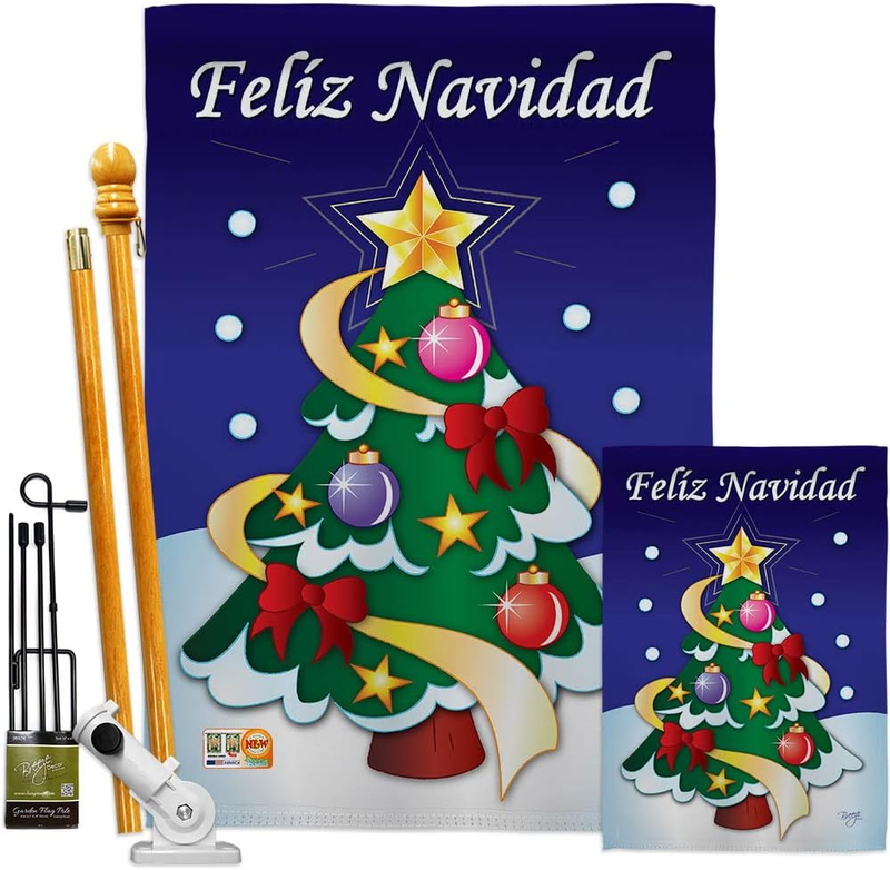 Christmas Winter Banner Bracket Set Flag Wooden Poles for outside House Wood Stand Outdoor Garden Wall Tapestry Sign Funny White Elephant Felíz Navidad Home Decor, Xmas Gifts Made in USA