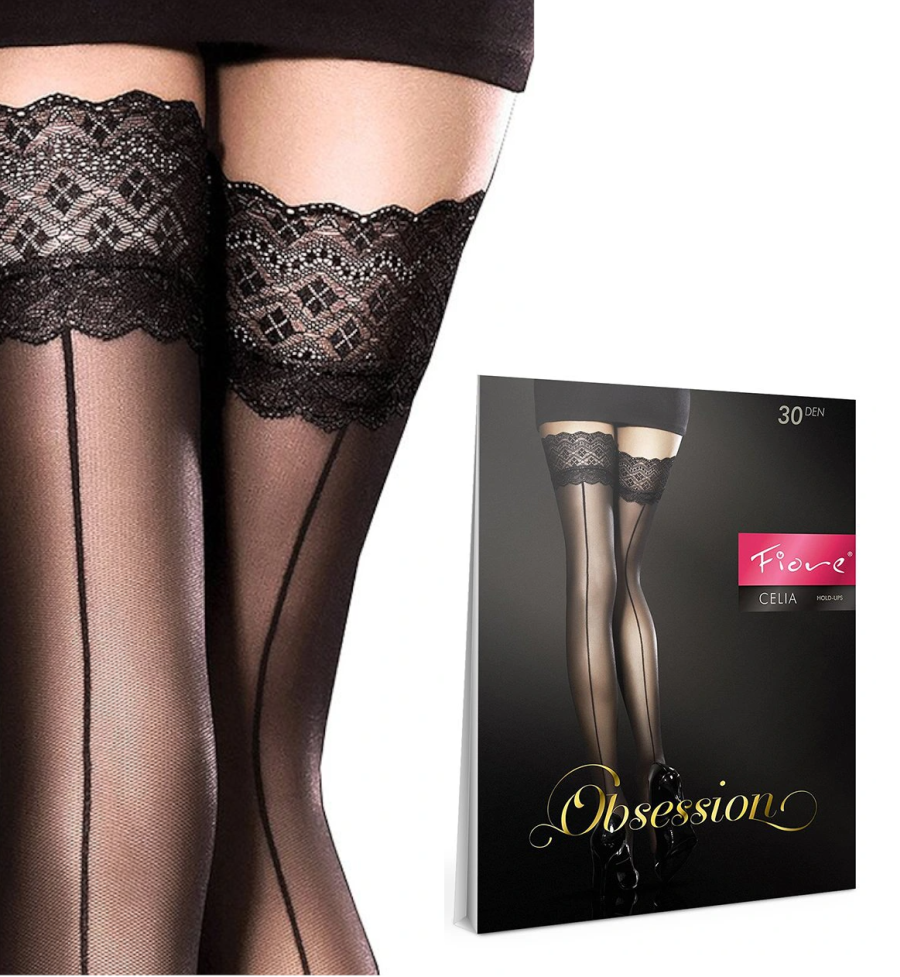 FIORE CELIA Halterlose Strümpfe Spitze Damenstrümpfe mit Naht 30 DEN Reizwäsche