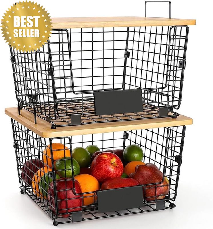 Stackable Wire Baskets with Bamboo Top, 2 Pcs Countertop Fruit Vegetable Basket,