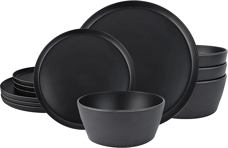 12-Piece Plastic Dinnerware Set Plates and Bowls Sets Service for 4 Matte Black