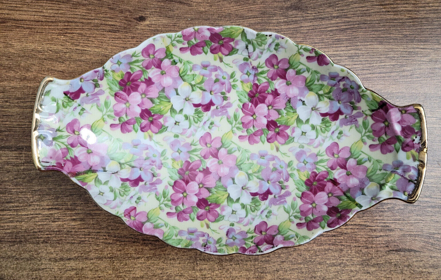   花柄長方形皿 Vintage Chintz Shafford Oval Dish Floral Painted Gold