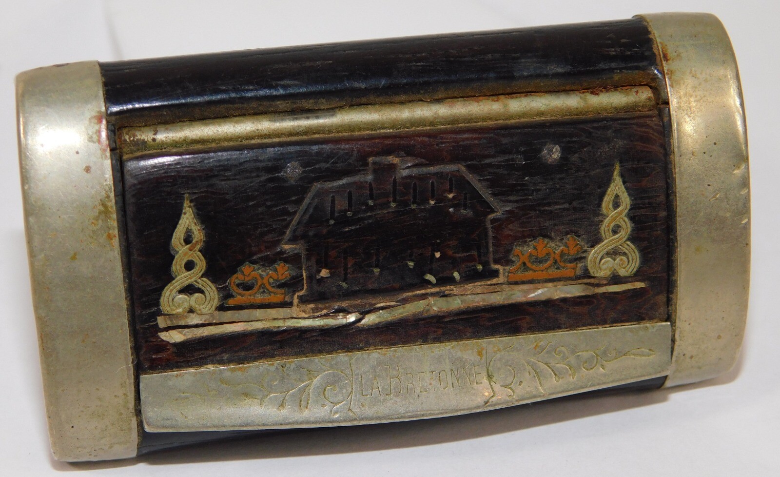 ATQ 1800's LA BRETONNE HOTEL PARIS FRANCE Souvenier Wood Inlay Snuff Pill Box