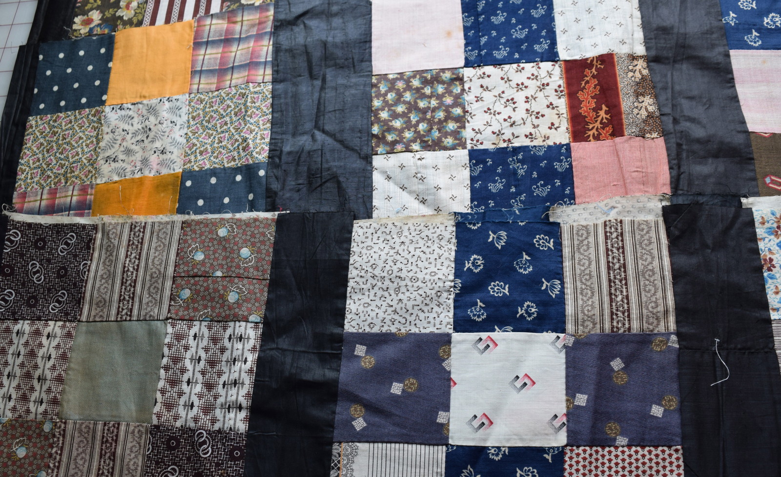 31 1870-80's 9 Patch quilt blocks, sewn into strips, fabulous prints