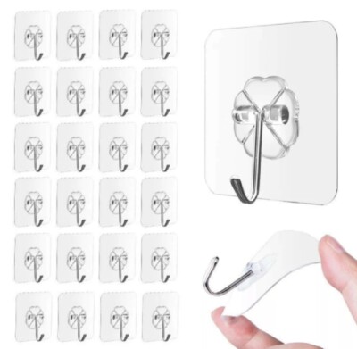 24-Piece Transparent Heavy Duty Adhesive Wall Hooks - Seamless Stick-On Hangers