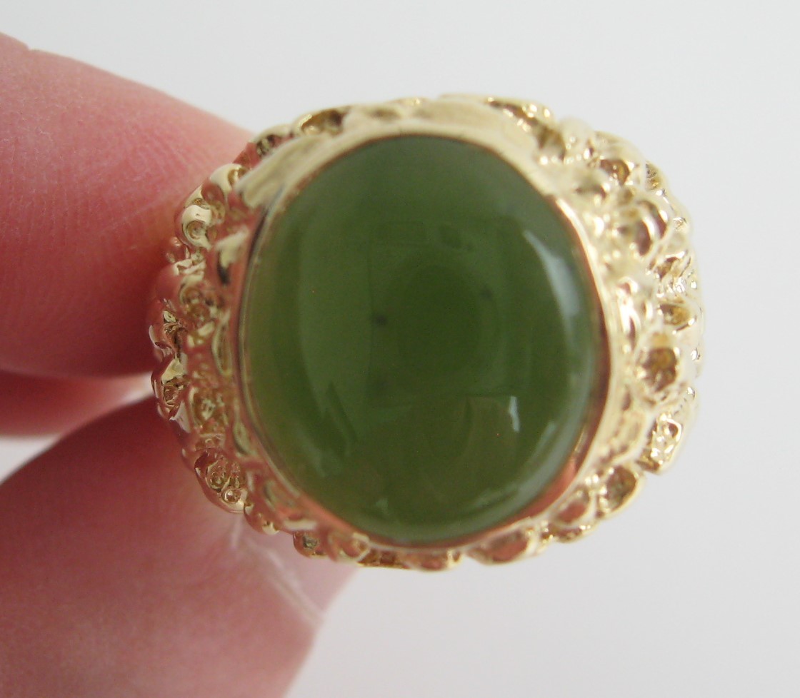 Nephrite Green Jade Signet Ring Mens 14k Yellow Gold Nugget Like Band Signed TRC