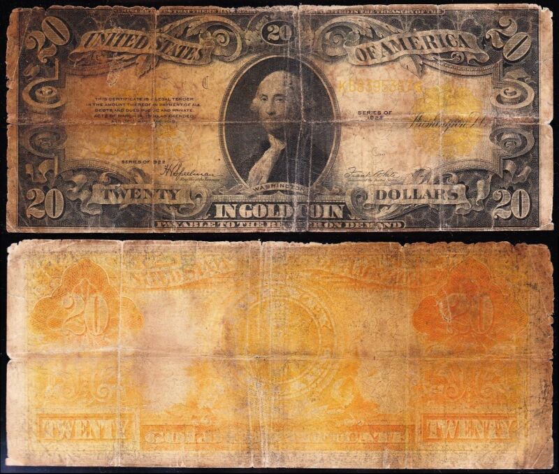 Low Grade SCARCE 1922 $20 GOLD CERTIFICATE! FREE SHIPPING!
