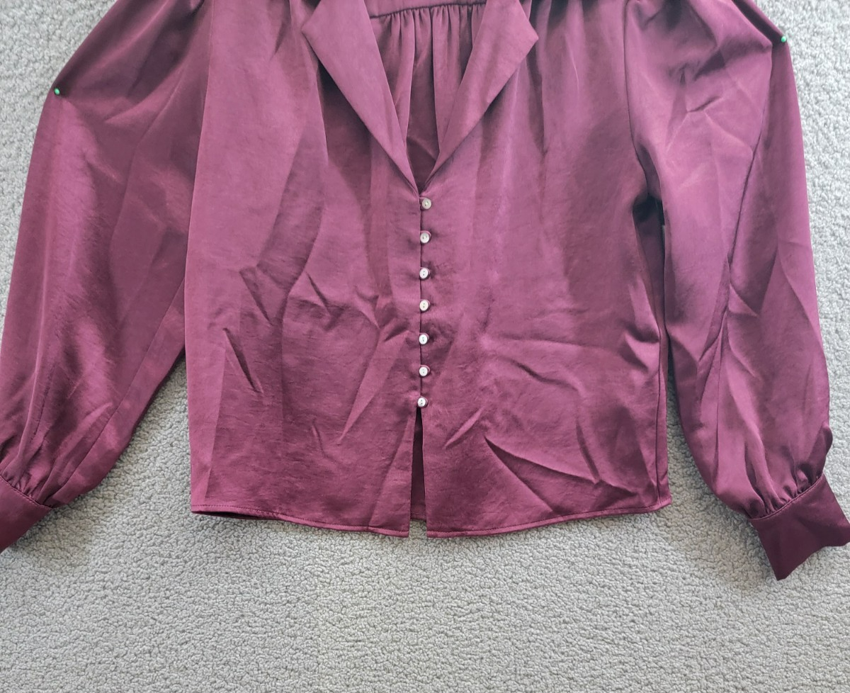 Karen Kane Shirred Blouse Women's S Wine Solid Collared Long Sleeve Button Front - Picture 4 of 15